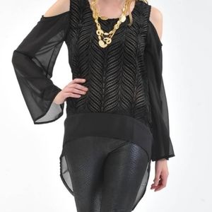 Classique Women's Size Medium Hi-Lo Sheer Tunic Blouse Top Shirt Black